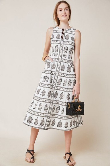 Anthropologie Woodblock Midi Dress in Black and White | sleeveless monochrome fit and flare - flipped