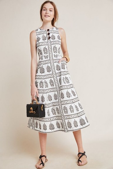 Anthropologie Woodblock Midi Dress in Black and White | sleeveless monochrome fit and flare