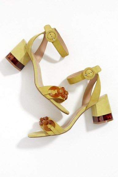 Bruno Premi Tortoiseshell-Detailed Suede Heels in Yellow | luxe style spring sandals - flipped
