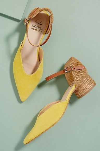 Kanna Jini Raffia-Trimmed Suede Heels Yellow / buckled ankle strap shoes / pointed toe - flipped