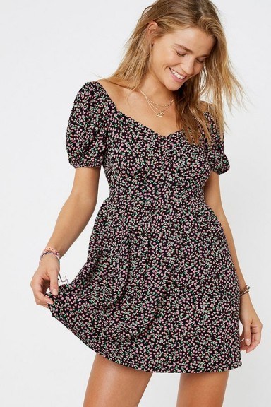 UO Ruby Ditsy Floral Puff Sleeve Mini Dress in Black Multi - flipped