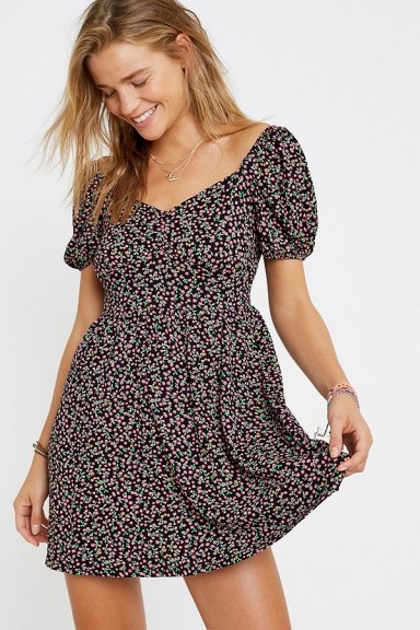 UO Ruby Ditsy Floral Puff Sleeve Mini Dress in Black Multi