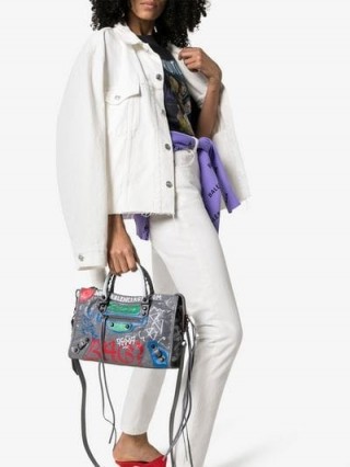 Balenciaga Grey And Multicoloured City Graffiti Small Leather Tote / designer slogan print bags