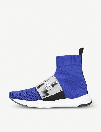 BALMAIN Cameron mesh and metallic-leather sock trainers in blue ~ contemporary sneakers - flipped