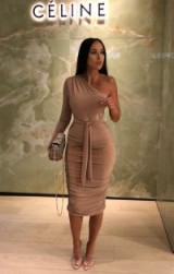 FEMME LUXE Savannah Beige One Shoulder Ruched Slinky Midi Dress ~ sultry evening look