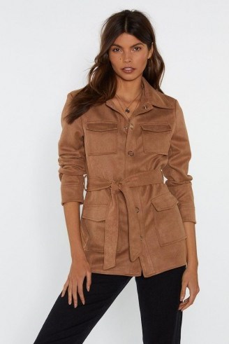 Nasty Gal Belt Your Heart Suede Jacket in Tan – brown belted jackets - flipped