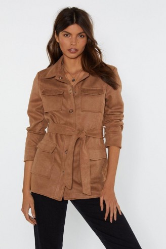 Nasty Gal Belt Your Heart Suede Jacket in Tan – brown belted jackets
