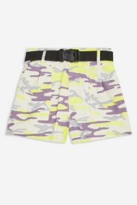 TOPSHOP Belted Camouflage Shorts in Yellow