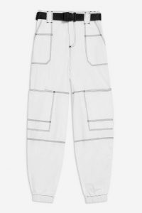 Topshop Belted Contrast Stitch Trousers in White | cuffed utility pants