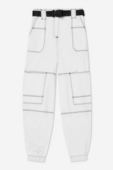 Topshop Belted Contrast Stitch Trousers in White | cuffed utility pants - flipped