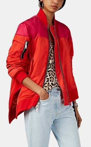 BEN TAVERNITI UNRAVEL PROJECT Asymmetric Colorblocked Bomber Jacket in Red and Fuchsia | colour block jackets - flipped