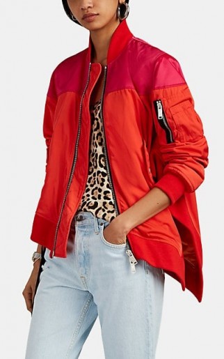 BEN TAVERNITI UNRAVEL PROJECT Asymmetric Colorblocked Bomber Jacket in Red and Fuchsia | colour block jackets