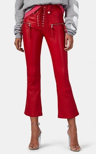 BEN TAVERNITI UNRAVEL PROJECT Plonge Leather Lace-Up Crop Flared Jeans in red ~ cropped hem pants - flipped