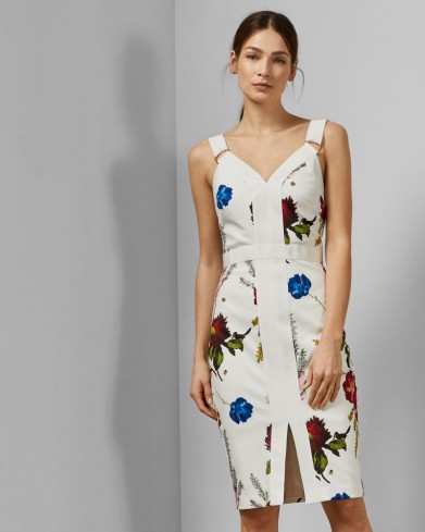TED BAKER AMYLIA Berry Sundae bodycon dress in white / floral fitted dresses