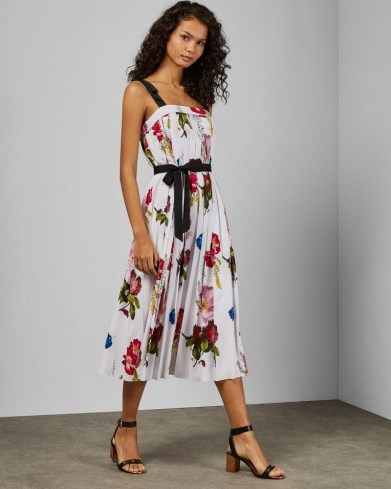 TED BAKER MELBII Berry Sundae tie strap dress in white / pleated floral print dresses - flipped