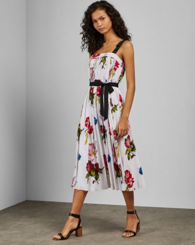 TED BAKER MELBII Berry Sundae tie strap dress in white / pleated floral print dresses