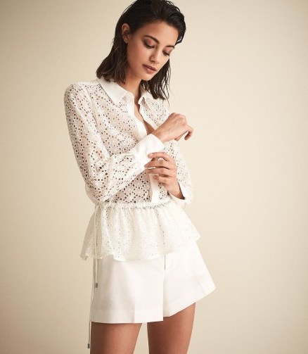 REISS BETTY BRODERIE ANGLAISE SHIRT WHITE ~ fitted spring blouses ~ drawstring waist shirts - flipped