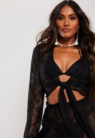 MISSGUIDED black lace long sleeve tie top - flipped