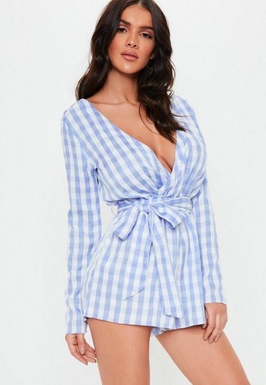 Missguided blue gingham long sleeve wrap playsuit | tie waist plunging neckline - flipped