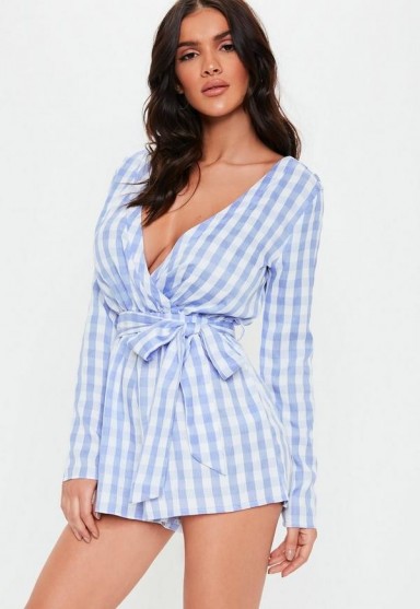 Missguided blue gingham long sleeve wrap playsuit | tie waist plunging neckline
