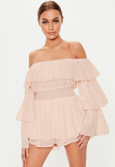 MISSGUIDED blush ruffle bardot playsuit ~ light-pink off the shoulder playsuits - flipped