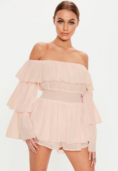 MISSGUIDED blush ruffle bardot playsuit ~ light-pink off the shoulder playsuits