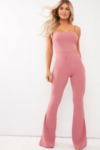 IN THE STYLE BRINIE RASPBERRY SQUARE NECK FLARED LEG JUMPSUIT ~ thin strap jumpsuits - flipped