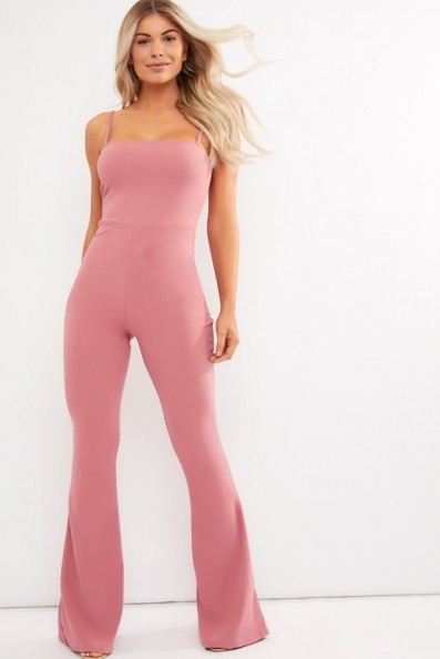 IN THE STYLE BRINIE RASPBERRY SQUARE NECK FLARED LEG JUMPSUIT ~ thin strap jumpsuits