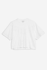 TOPSHOP Broderie Boxy T-Shirt in White / wide-sleeve cut-out tee