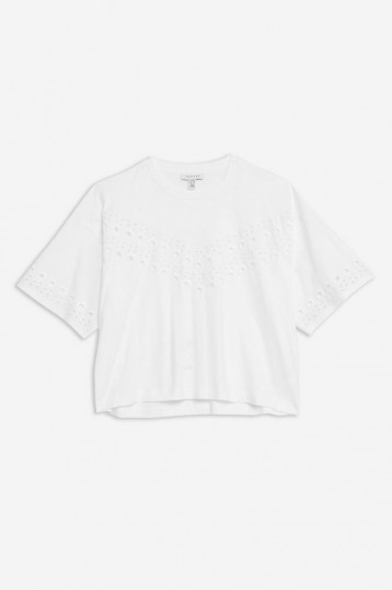 TOPSHOP Broderie Boxy T-Shirt in White / wide-sleeve cut-out tee