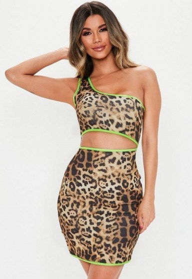 MISSGUIDED brown leopard print one shoulder mini dress ~ cut out design ~ neon green piping - flipped