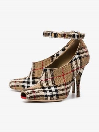 Burberry Beige Vintage Check Peep-Toe Pumps / high front ankle strap courts - flipped