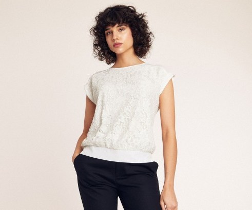 OASIS BUTTON BACK LACE TEE in OFF WHITE / feminine cap sleeve top - flipped