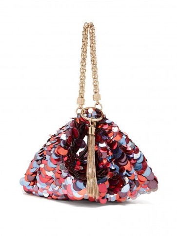 JIMMY CHOO Callie sequinned satin clutch bag in red, purple and blue sequins - flipped