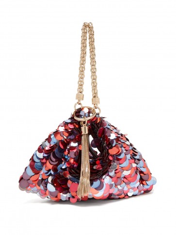JIMMY CHOO Callie sequinned satin clutch bag in red, purple and blue sequins