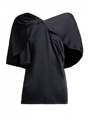 PETER PILOTTO Cape-sleeved asymmetric satin top in navy ~ contemporary fluid tops