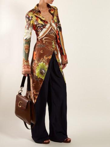 CHLOÉ Caravan-print longline brown silk shirt ~ vintage style prints ~ chic boho clothing