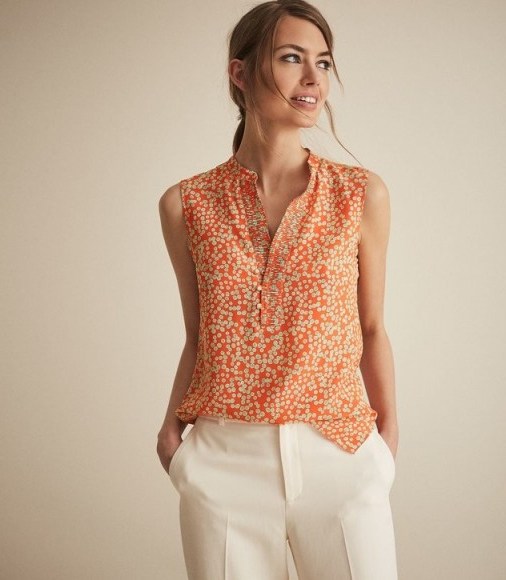 REISS CECILY PRINT SILK BUTTON DETAIL TOP CORAL ~ summer colours - flipped