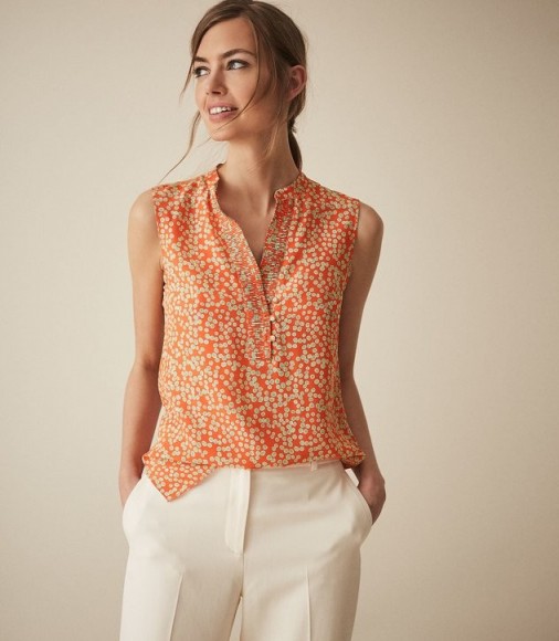 REISS CECILY PRINT SILK BUTTON DETAIL TOP CORAL ~ summer colours