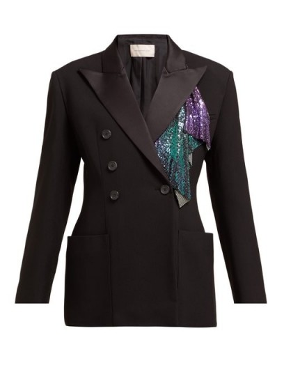 CHRISTOPHER KANE Chainmail-trim double-breasted tuxedo jacket in black ~ glitzy addition