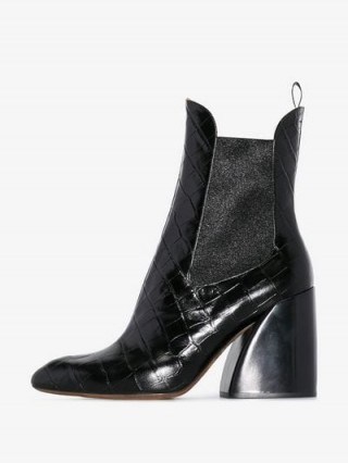 Chloé Black Wave 90 Crocodile Embossed Leather Chelsea Boots / chunky heeled boot - flipped