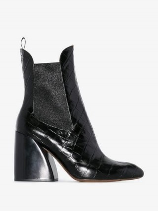 Chloé Black Wave 90 Crocodile Embossed Leather Chelsea Boots / chunky heeled boot
