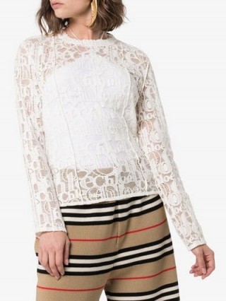 Chloé Lace Logo Cotton Blend Top in White / semi sheer designer tops