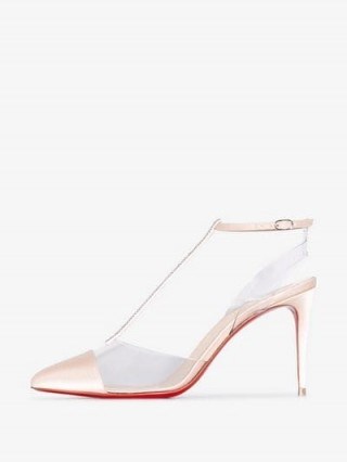 Christian Louboutin Nude Nosy Strass 85 Satin Pumps / clear PVC T-bar shoes / luxe footwear - flipped