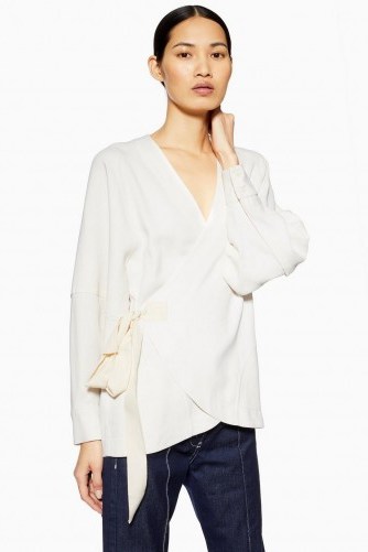Topshop Boutique Collarless Wrap Top in Ivory - flipped
