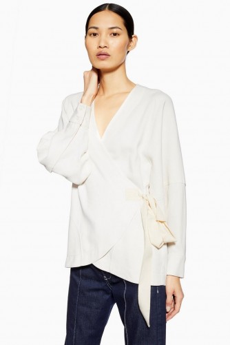 Topshop Boutique Collarless Wrap Top in Ivory