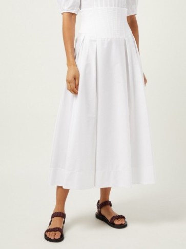 GABRIELA HEARST Corrales corset-waist cotton poplin midi skirt in white ~ high waist summer skirts - flipped