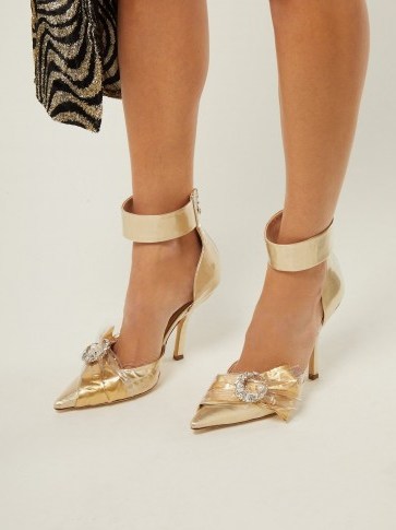 Luxe ankle strap courts ~ MIDNIGHT 00 Corset lamé & PVC pumps in gold - flipped