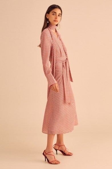 C/MEO COLLECTIVE COUNTING ALL LONG SLEEVE MIDI DRESS in Cherry Check / red checked dresses - flipped