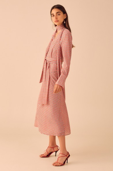 C/MEO COLLECTIVE COUNTING ALL LONG SLEEVE MIDI DRESS in Cherry Check / red checked dresses